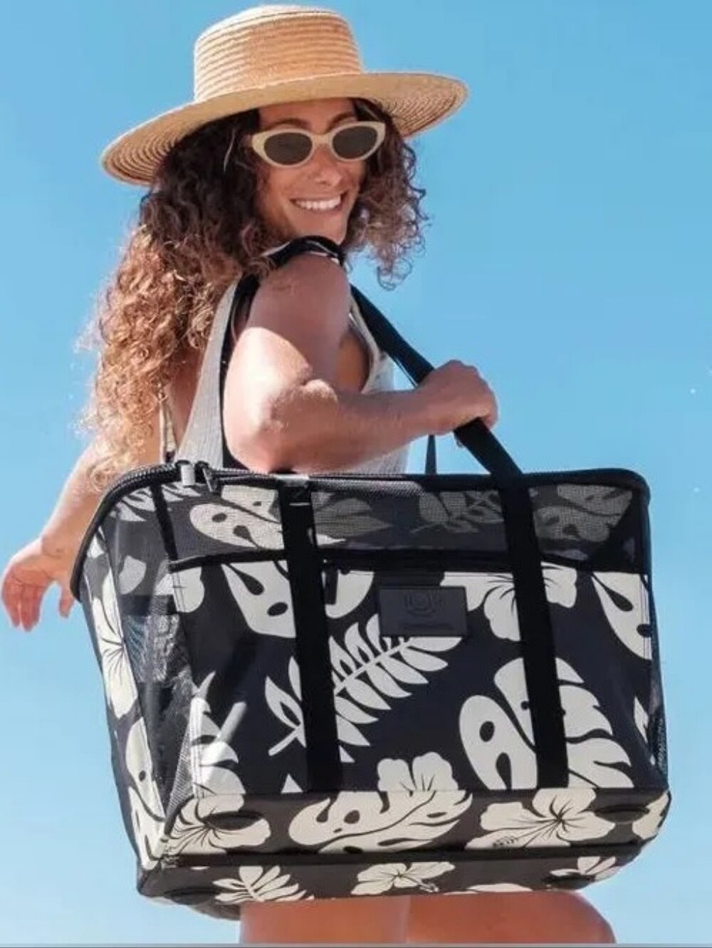 ALOHA Collection Collapsible Beach Tote Bag, Black & Cream Floral Print, 42L